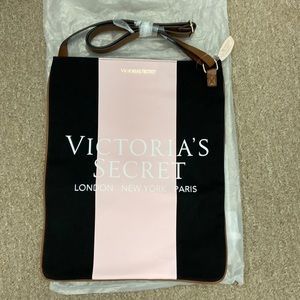 Victoria's Secret Cross Body Tote Bag Pink Black Striped London NY Paris NWT